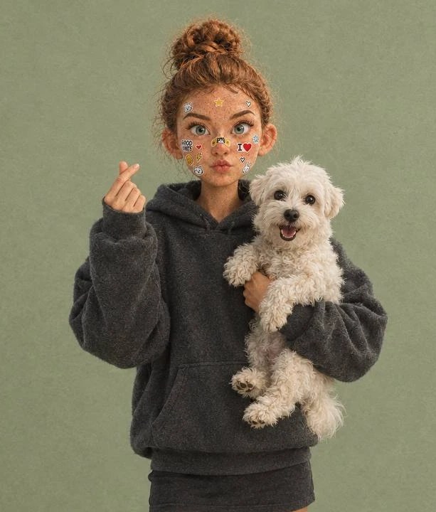 Alina's character showing a finger heart, holding her dog